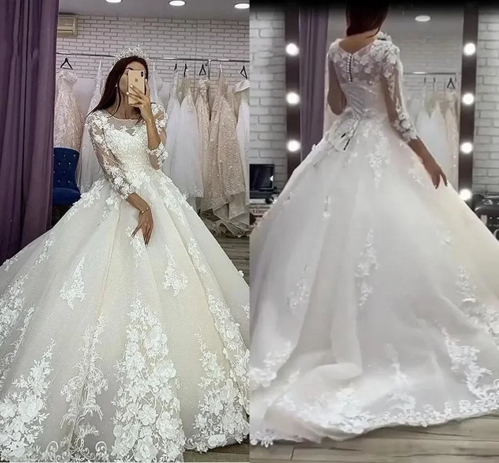 

Customized Shinny Appliques Beads Wedding Dress Robe De Mariée African Plus Size Luxury 3/4 Sleeves Bridal Gowns