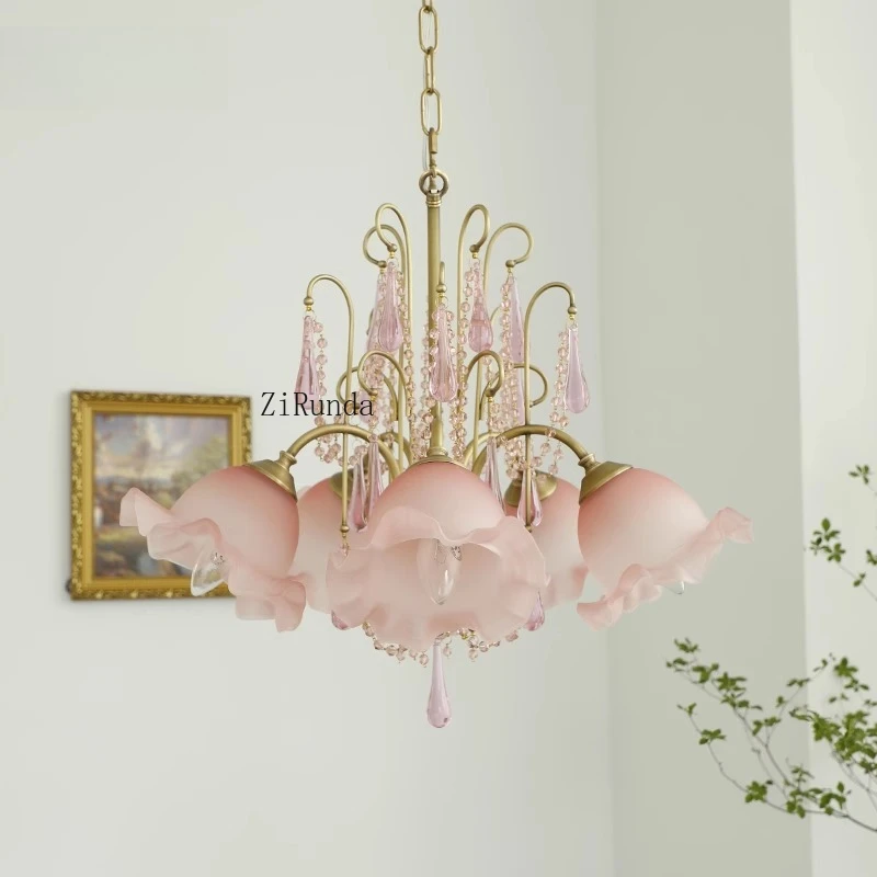 อเมริกันร้านอาหารยุคกลางโคมระย้าคริสตัลภาษาฝรั่งเศสคํา Pastoral โคมไฟห้องนอนโรแมนติก Retro โคมไฟคริสตัลสีชมพู