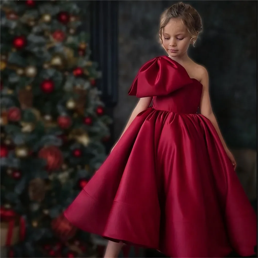 

Satin Flower Girl Dress For Wedding One Shoulder Puffy Princess Birthday Party Dress Kids First Communion Gown Customized