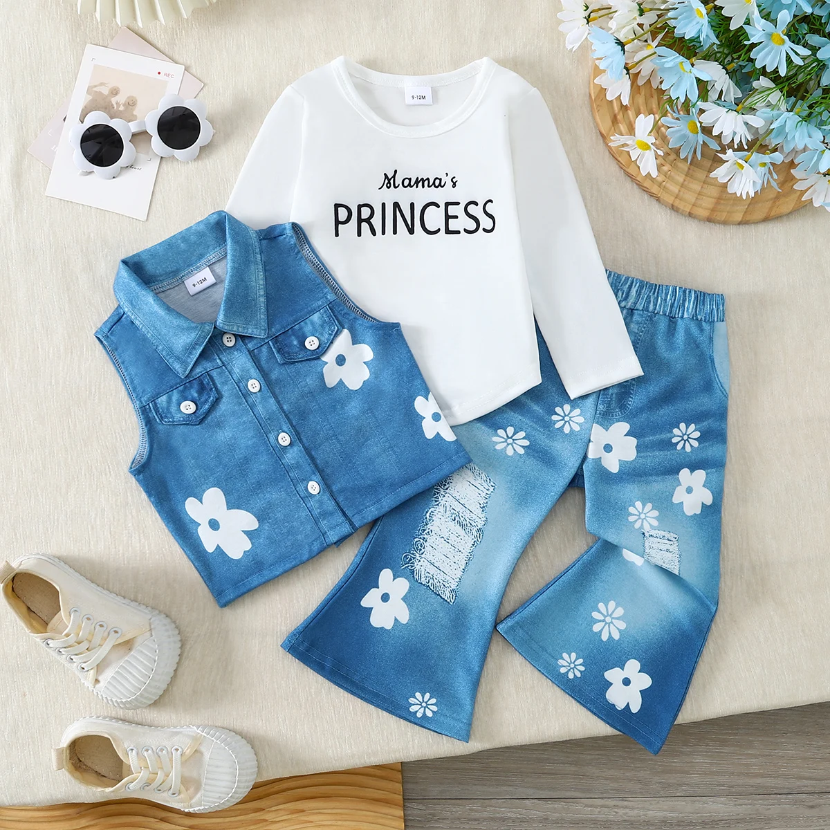 3Pcs 1‑3Y Toddler Girl Imitation Denim Outfit,Letter Print Long Sleeve Top,Floral Sleeveless Vest Flared Pants,Sweet Casual Kids