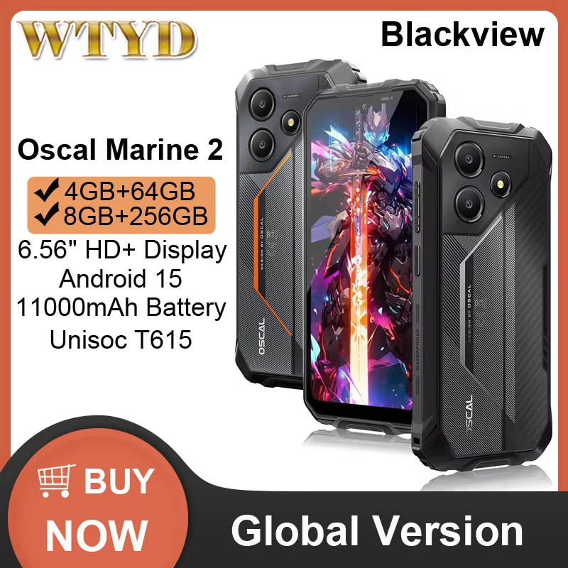Прочный телефон Blackview Oscal Marine 2, 8 ГБ + 256 ГБ, 6,56 дюйма, HD + дисплей, 11000 мАч, Android 15 Unisoc T615, 4G, NFC-смартфон