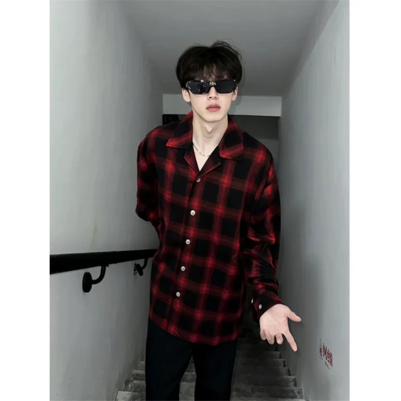 

American Retro Plaid irt Men's Long Sve Loose Fit Sli Versatile Casual Cheered Outerwear Autumn Season Polyester F...