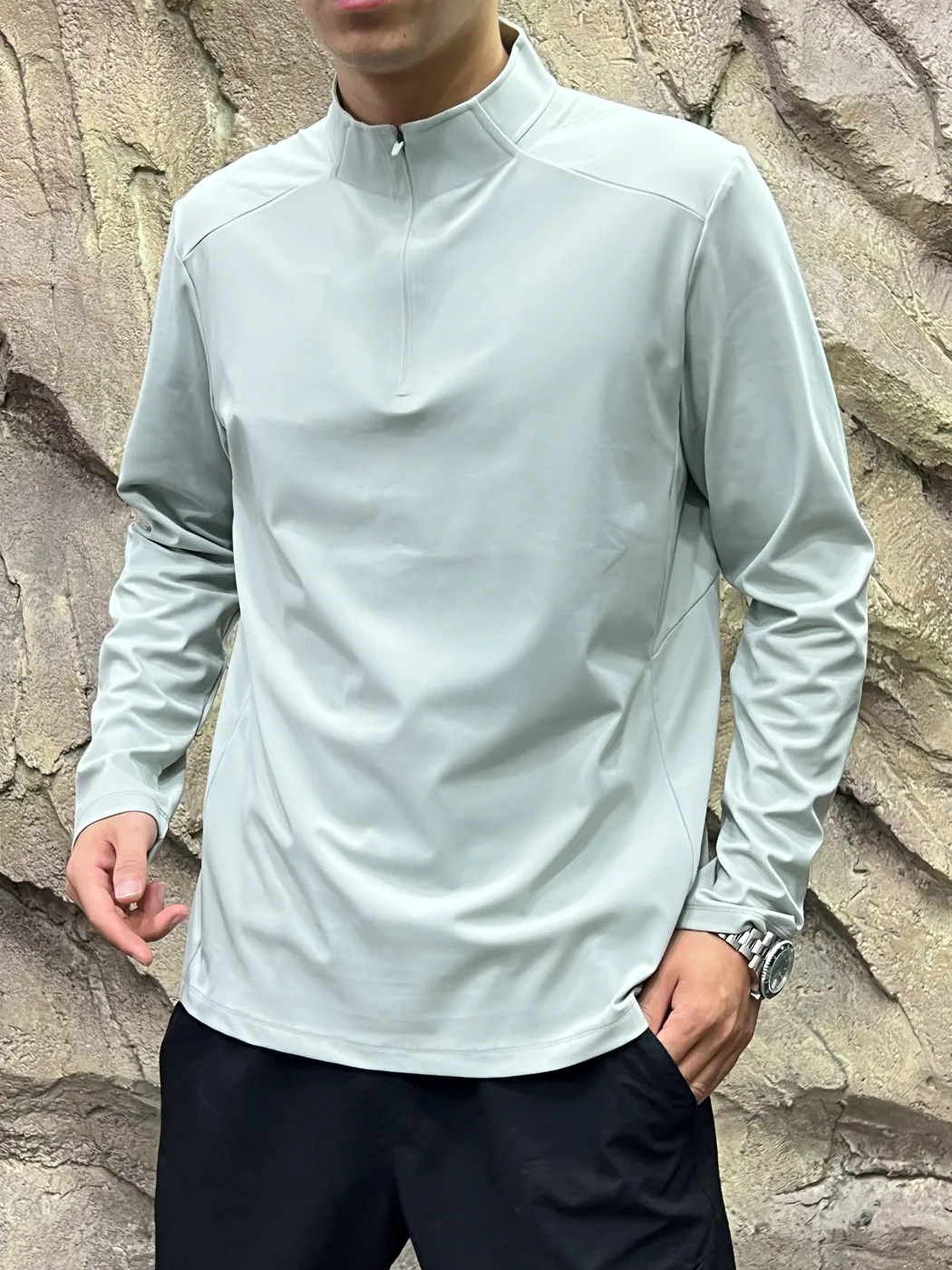 Seamless Zipper Processed Fleece Base Shirt Men's Autumn Winter Half Zip Casual Style Standard Fit Long Sleeve T-Shirt