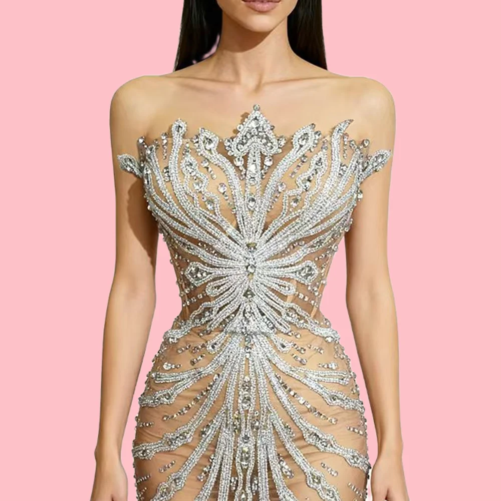 

Elegant Strapless Rhinestone Corset Mini Skirts 2 Piece Set Women Night Club Party Sheath Dress Evening Cocktail Prom Outfit