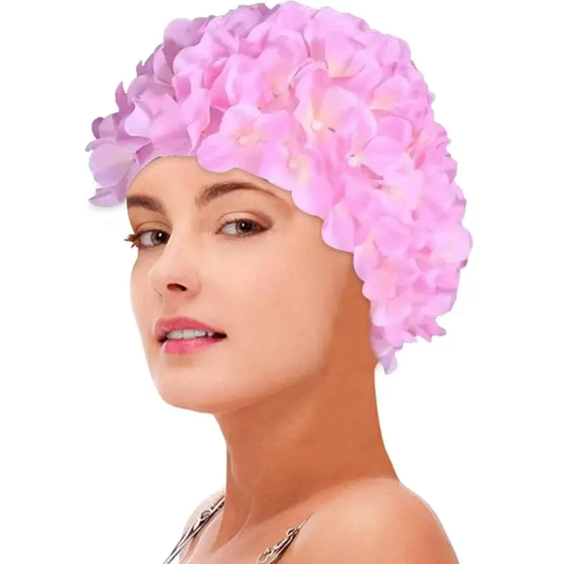 Women Beach Swimming Cap Free Size Soft Long Hair Breathable Diving Unique Protection Flower Sport Swim Pool Hat Flower Swim Cap