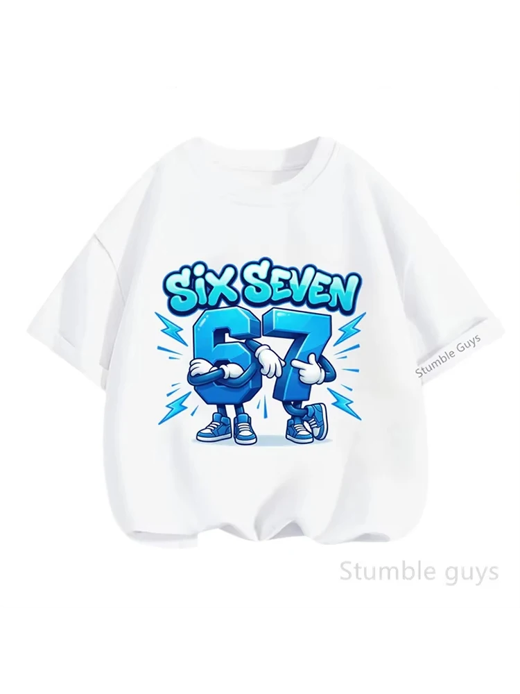 T-shirt blanc pour enfants avec motif éclair « SIX SEVEN » 67, en coton doux, tee-shirt de jeu pour garçons et fillesk0180