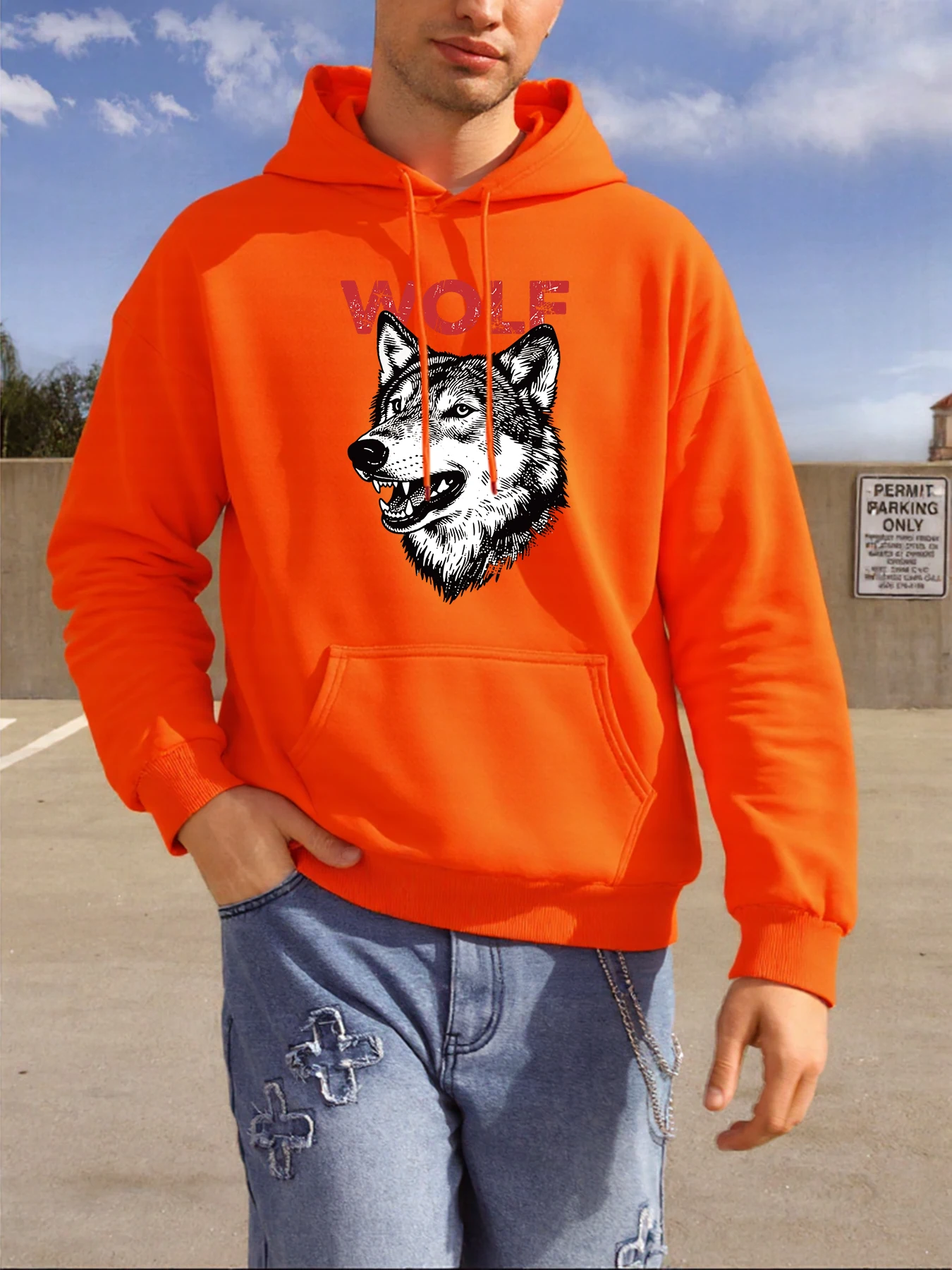 الذكية والشجاعة الذئب تصميم الرجال هوديي الخريف جيب خمر هودي فضفاض كنزة صوف اللون للجنسين أساسيات لينة كم طويل