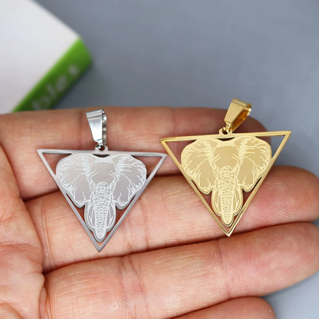 2Pcs/lot Triangle Animal Elephant Head Charm For Necklace Keychains Stainless Steel Jewelry Crafts Making Findings