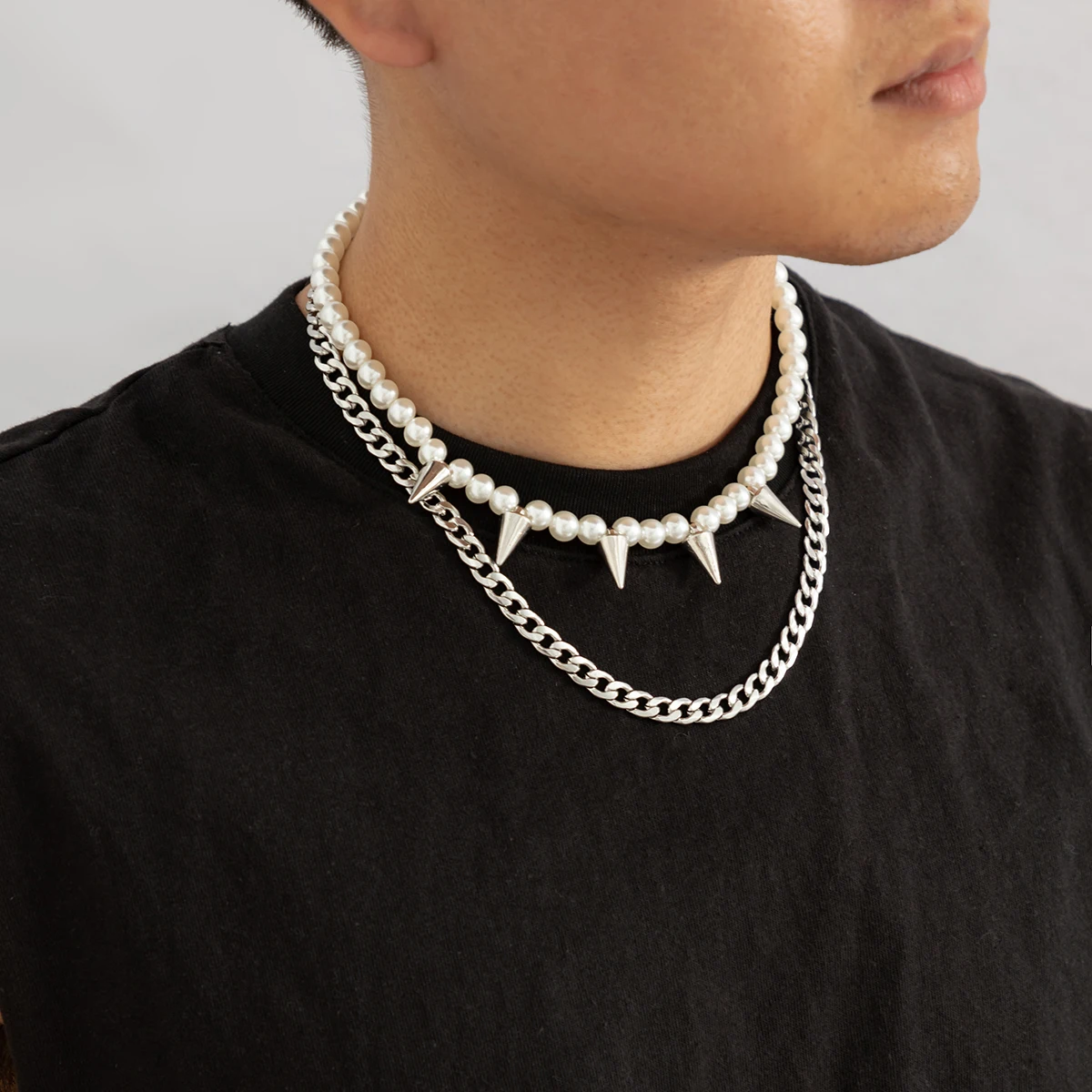 Imitation Pearl Beads Chain with Spikes Short Choker Necklace Men Hip Hop Thick Stainless Steel Necklace 2023 Fashion Jewelry