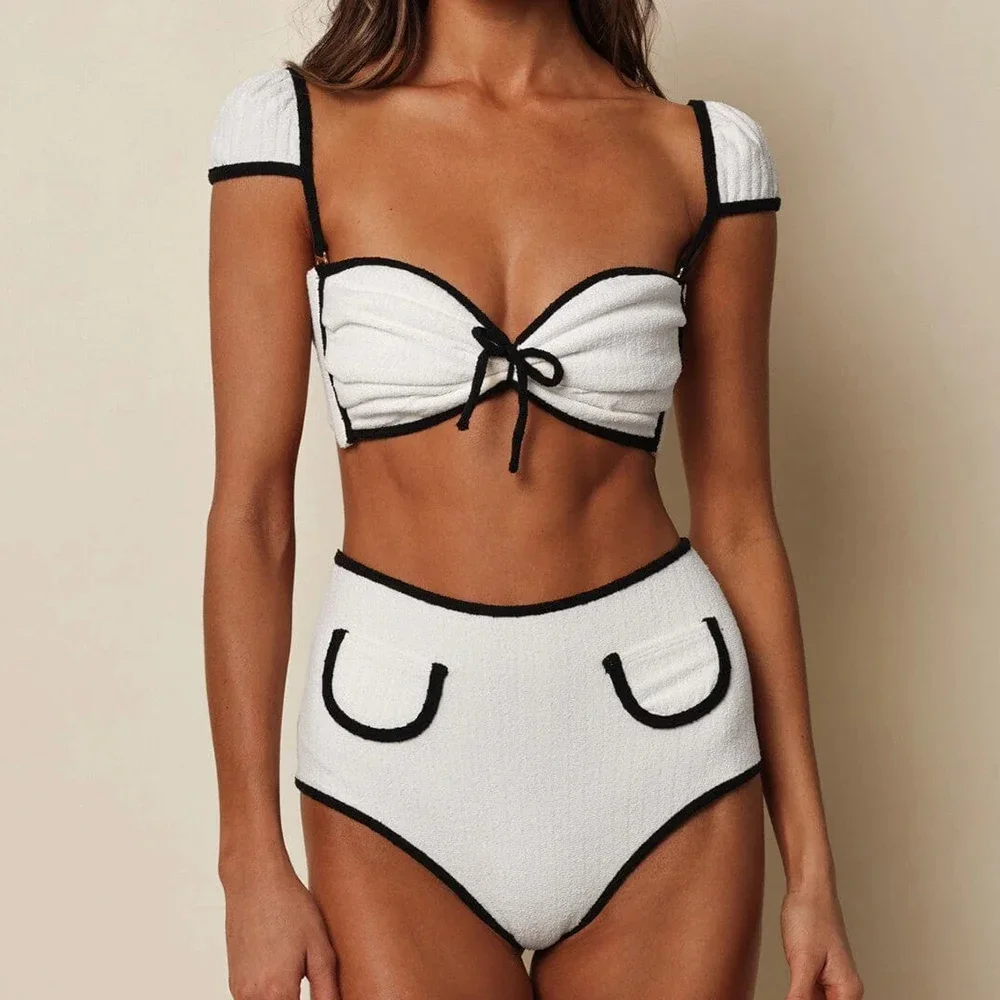 FLAXMAKER Cream Black Binded Terry Rib Cabana Bows Bikini Swimsuit and Skirt Beachwear Monokini Two piece Bathing Suit