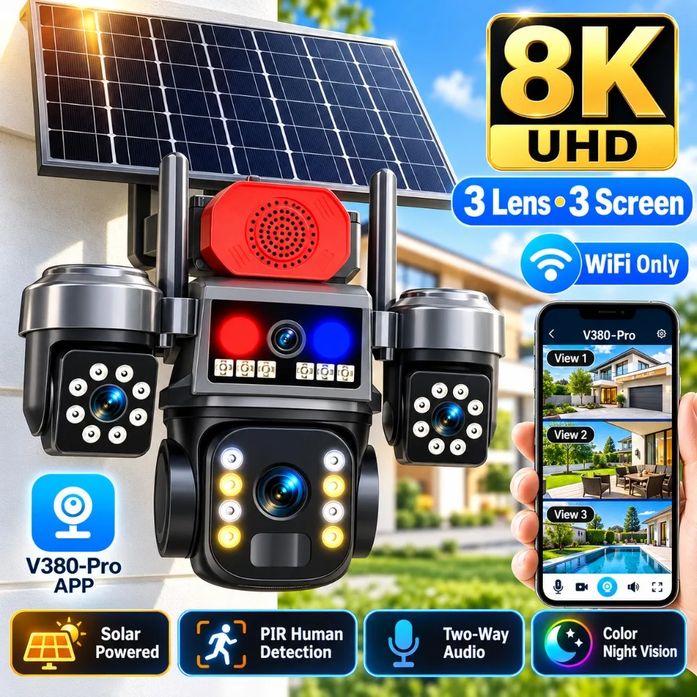 15MP 24/7 Work Solar Camera Security Outdoor WiFi Wireless Three Lens Three Screen Auto Tracking Alarm 8K IP Protection Cam V380