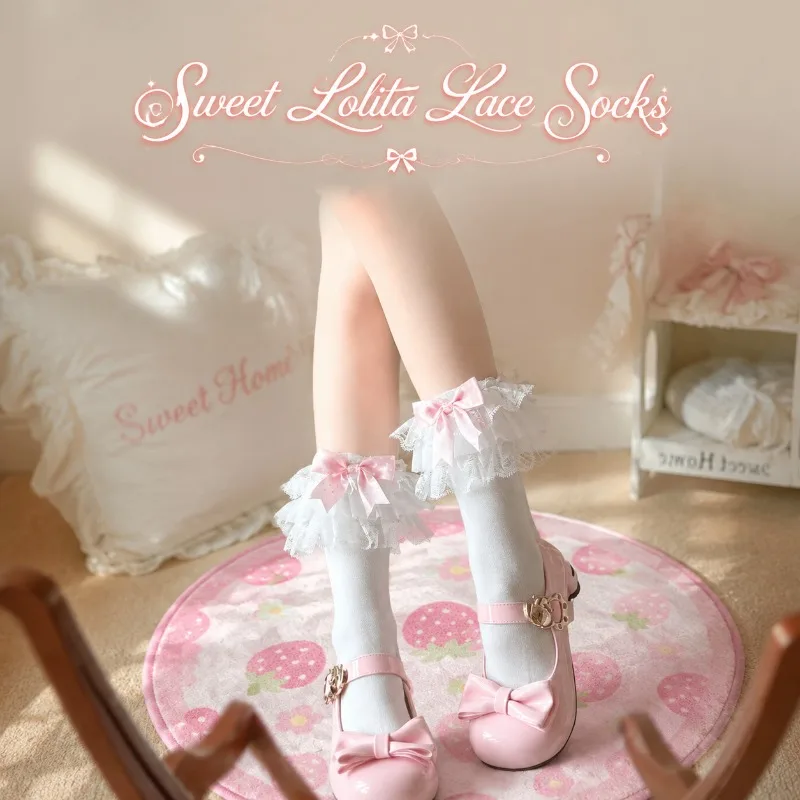 Sweet Pink Bow Lace Ruffle Mid Calf Socks Women Breathable Soft Cotton Lolita Daily Dating Party Cosplay Uniform Women Socks