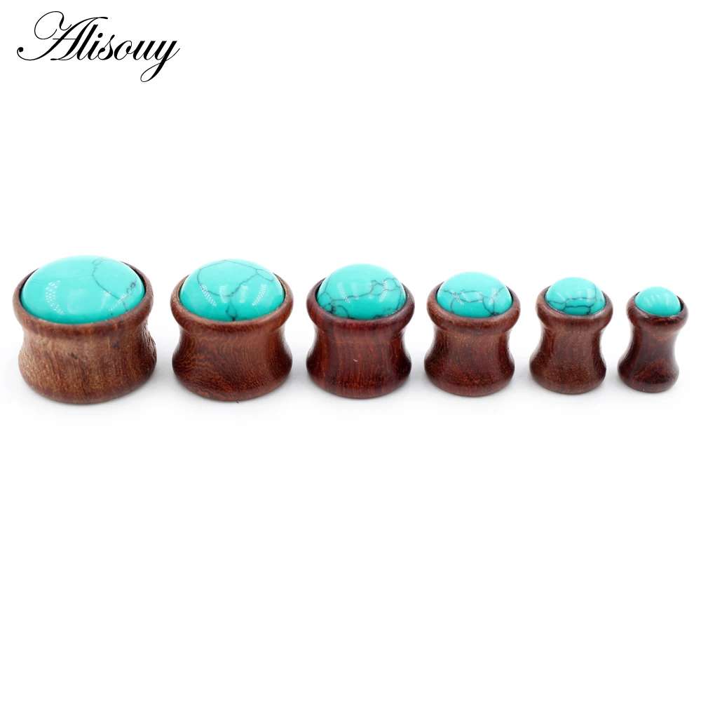 Alisouy 2PCS Natural Wood Opal Stone Flared Ear Plugs Tunnels Flesh Stretcher Guages Earrings Expander Piercing Body Jewelry