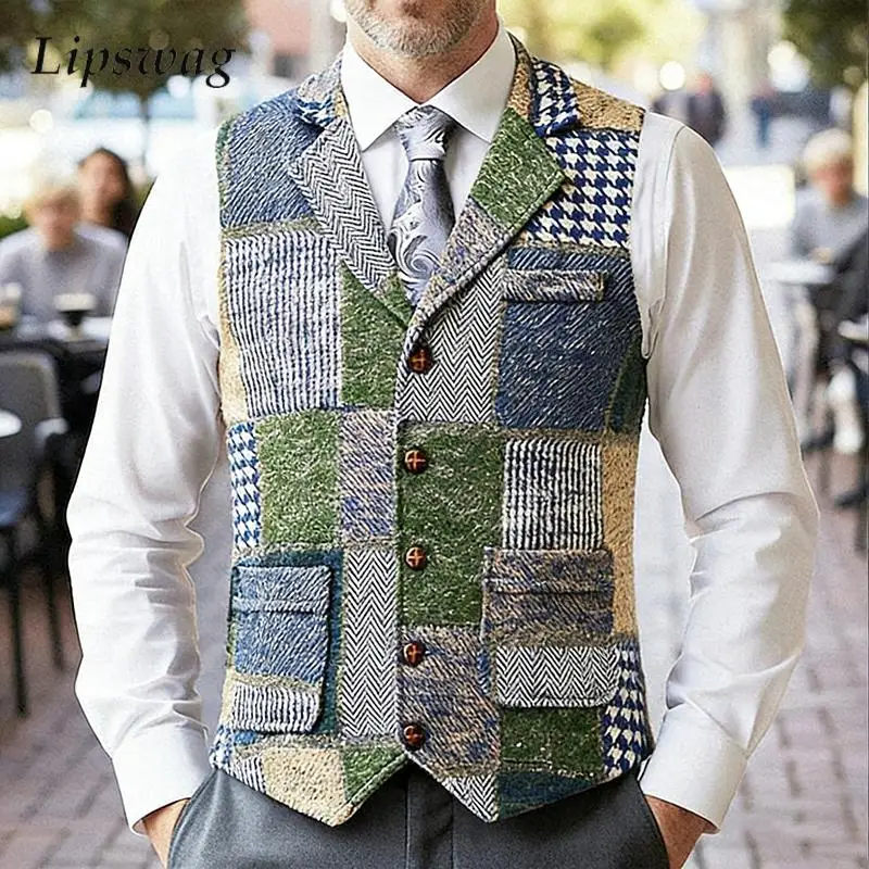 

Винтажный шерстяной жилет контрастного цвета в клетку, мужской жилет, весна-осень 2026, новые повседневные жилеты с лацканами на пуговицах, мужская верхняя одежда в стиле ретро
