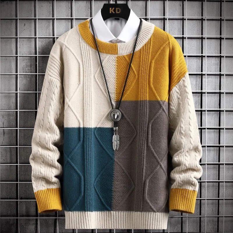 2024 New Winter Fashion Patchwork Loose Knitted Sweater Men Streetwear High End Mens Christmas Pullovers Keep Warm Pull Homme