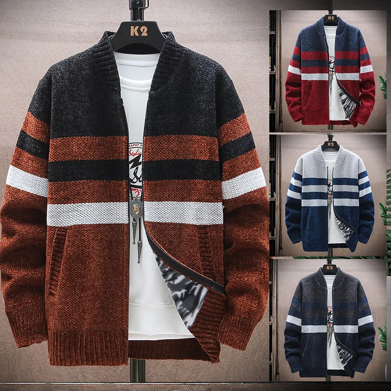 

2023 Autumn Korean style Stand collar Men's Sweater mens Thick and Velvet Men Cardigan Knitted Sweater Coat Stripe Jacket Male