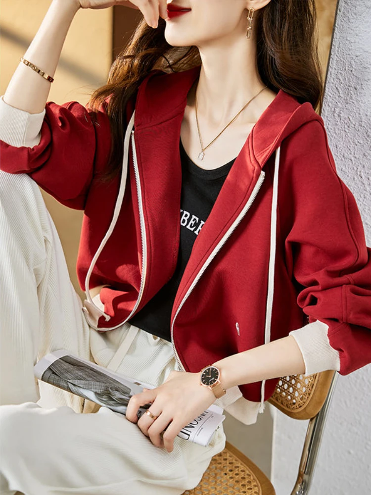 Hoodies Spring and Autumn Red Baggy Cropped with Zipper Loose Women\'s Hooded Full Zip Up Sweatshirts Female Top Korean Clothing