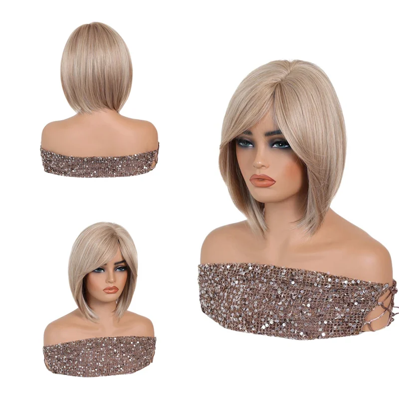 Rose Gold Bob Wig with Side Bangs Natural Straight Short Wigs Heat Resistant Synthetic Daily Party Cosplay Wig For Black Women