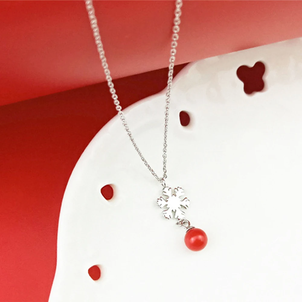 

925 Silver Clavicle Chain Necklace for Women Red Pearl Apple Snowflake Design Aesthetic Jewelry Accessory Girls Christmas Gift