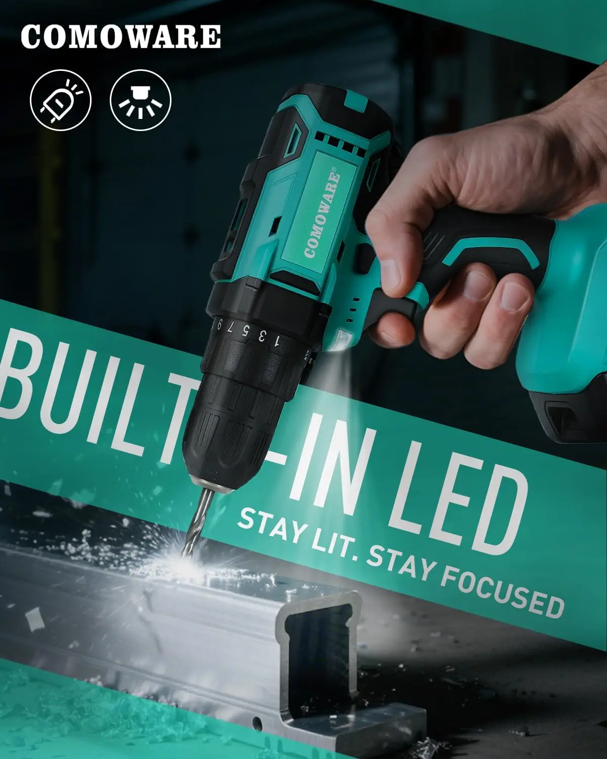 مجموعة مثقاب لاسلكي 20 فولت مع بطارية، شاحن، 34 قطعة، ظرف بدون مفتاح، سرعة متغيرة وعزم دوران عالي