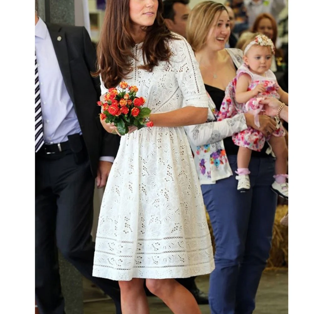 Vestito Midi bianco da donna di moda estiva scava fuori la principessa Kate Middleton abito a maniche corte a vita alta abito da ufficio da lavoro