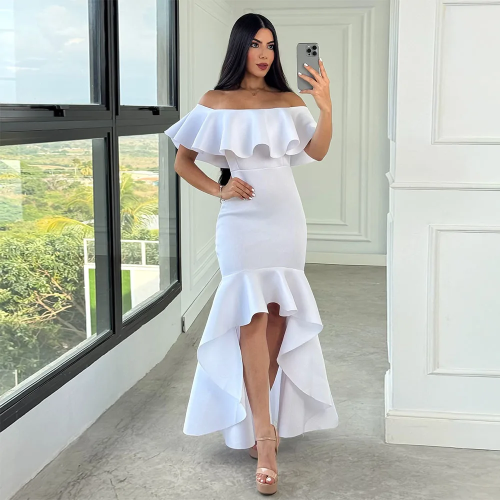 Customized Party Dress Off the Shoulder Ruffle Asymmetrical Mermaid Cocktail Gowns for Women 2026 High-Low Simple Cocktail Dress