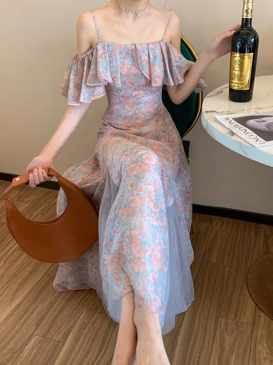 Summer Elegant Chiffon Floral Strap Dress Women's Mesh Stitching Strapless Mixi Dress Holiday Ladies Vestidos Female Robe