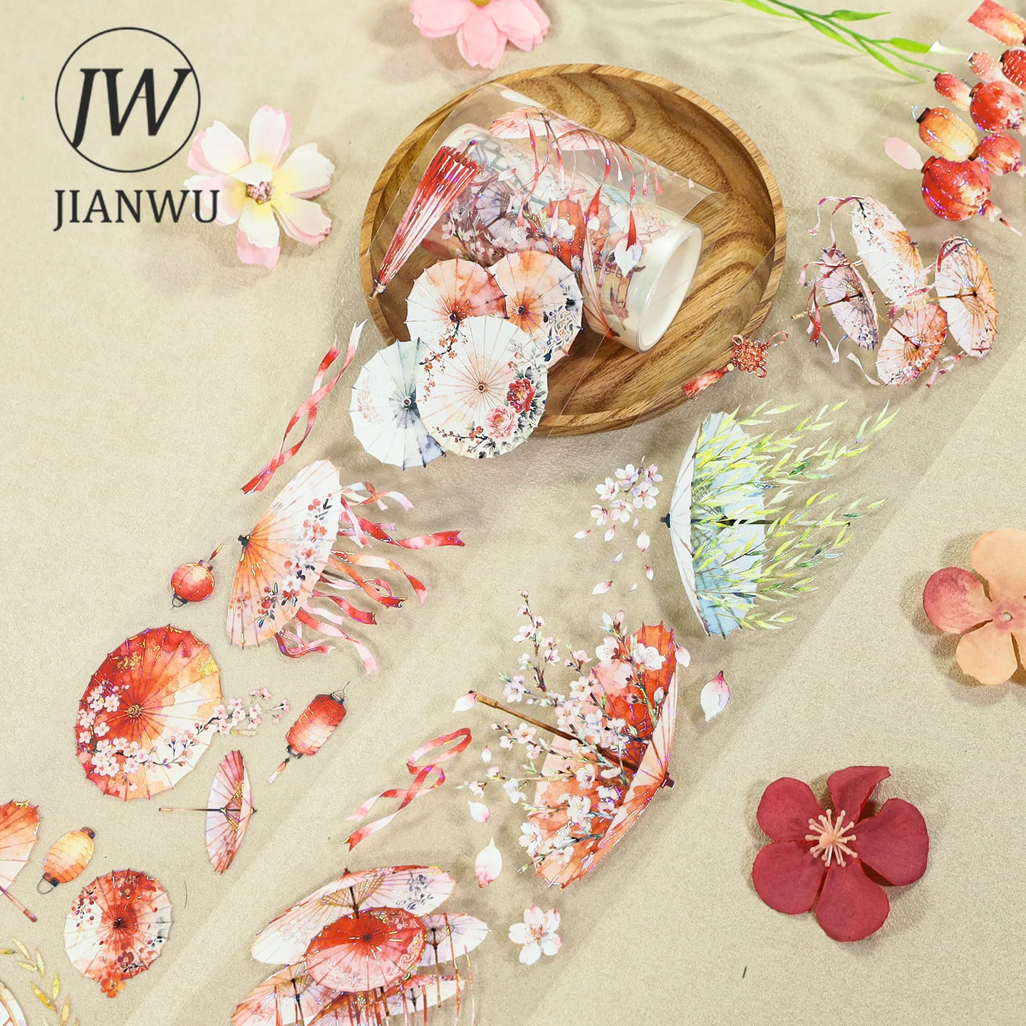 JIANWU 70mm*200cm Vintage Chinese Umbrella Lantern Landscape Material Collage Scrapbook PET Tape Creative DIY Journal Stationery