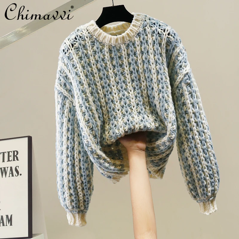 

Корейский модный осенне-зимний новый свитер с тяжелым цветком, женский свободный темпераментный пуловер с длинными рукавами, вязаный топ