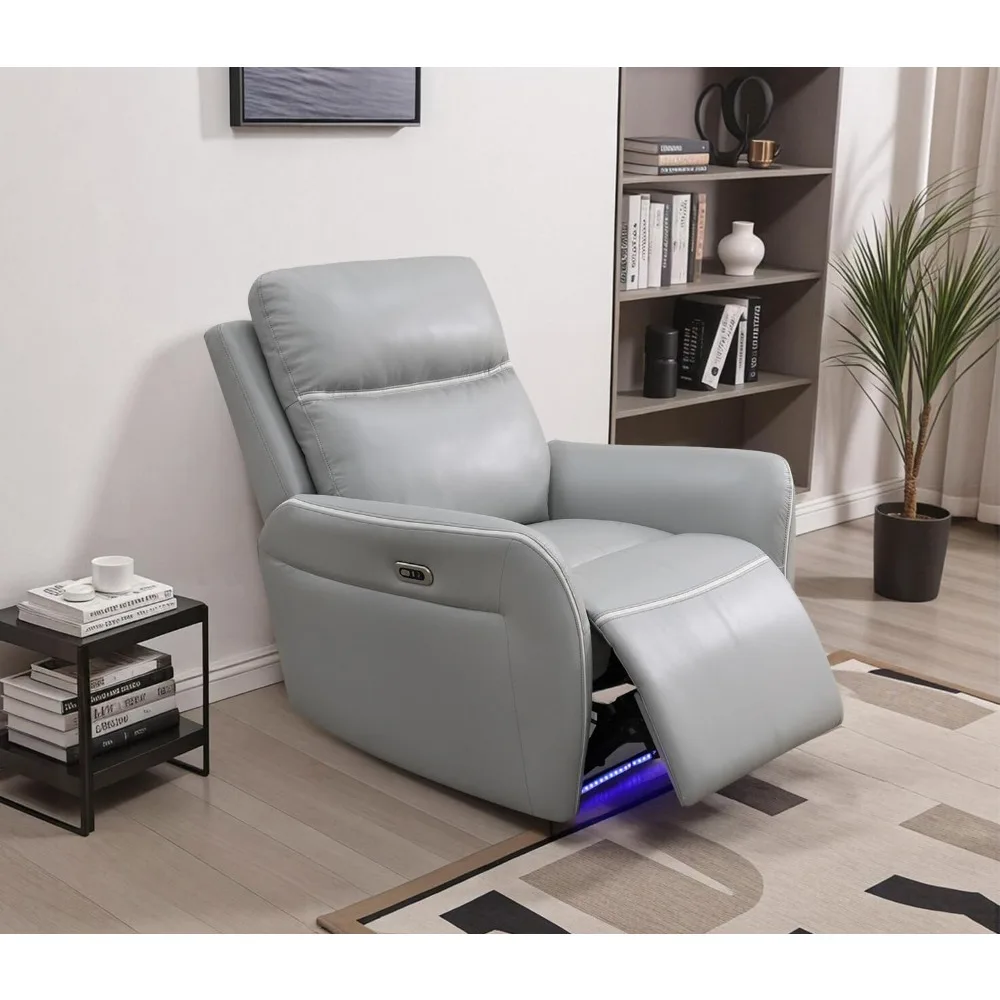 Leather Recliner Sofa Set with LED Light,Power Reclining Chair with Single Recliner/USB,1-Seater Reclining Living Room