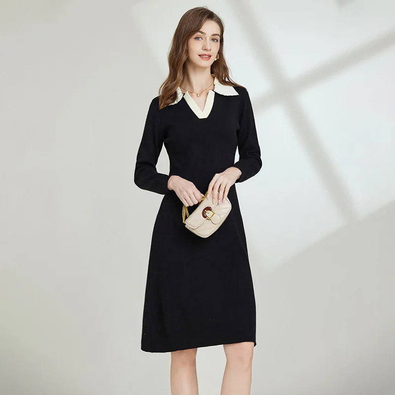 Autumn and Winter Knitted Dress for Women Polo Collar Temperament Commuter Women Clothing A-line Skirt Elegant Wind Dresses