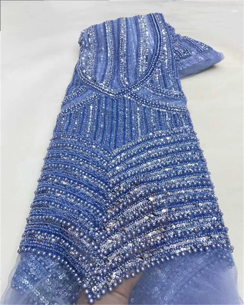 

African Sequins Pearls Lace Fabric 2025High Quality French Heavy Beaded Tulle Lace Fabric Nigeria For Bridal Party Dress