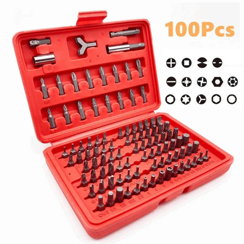 100Pcs Magnetic Screwdriver Bit Set Torx Star Hex Spline Bit Set Security Head 1/4 Screwdriver Bits Kit Extension Rod Tool