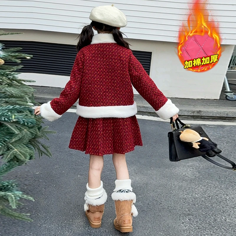 Winter Teen Girl Clothes Set Junior Children Outfit Kids Suit 6-14Y Jacket+Pleated Skirt 2pcs Christmas Red New Year Designed