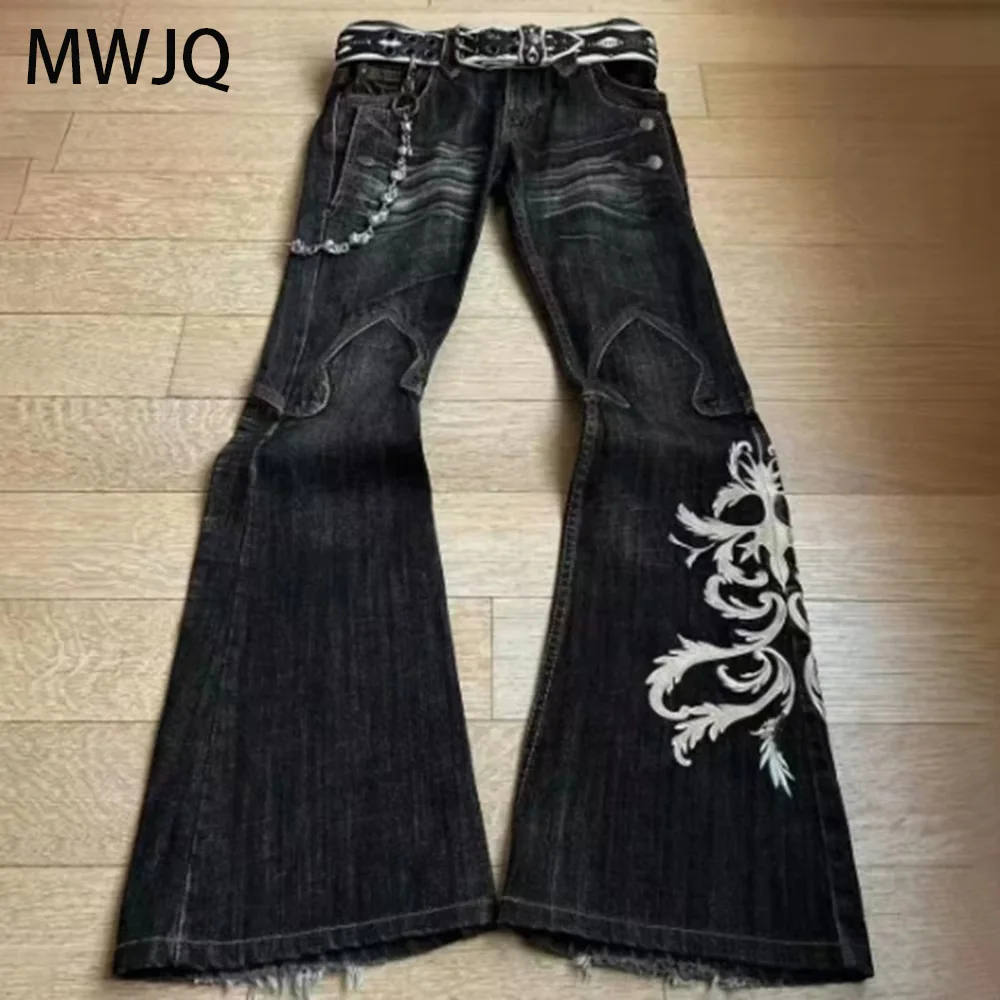 

MWJQ Embroidery Design Male Rero Boot Cut Jeans American High Street Spliced Spring New Trend Men's Bottom Gothic Style 010252