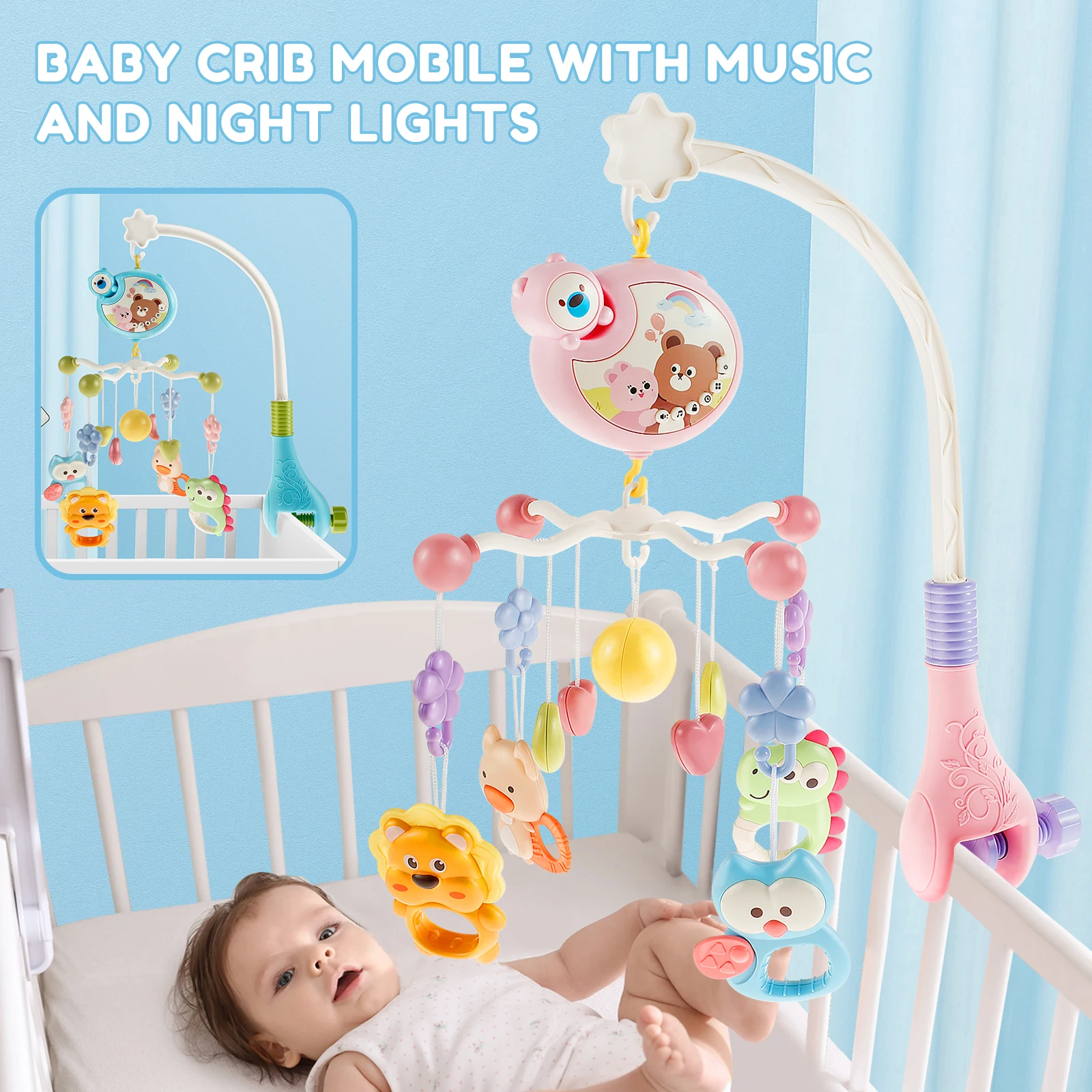 Baby Crib Mobile with Music and Light Cute Crib Mobile Toys with Remote Control 360° Rotation Baby Musical Crib Mobile with