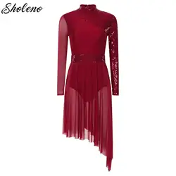Women Modern Lyrical Dress Camisole Dance Costume Ballet Asymmetric High-Low Mesh Skirted Sleeveless Leotard Gymnastic Dancewear