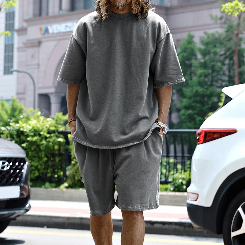 2024 New Summer Hip-hop Fashion Minimalist Solid Color Short Sleeved Round Neck Loose Tie Up Shorts Men's Youth T-shirt Set