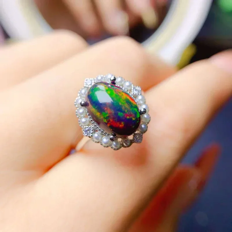 Natural Australia Black Opal Ring 8*10MM Gemstone 925 Sterling Silver Jewelry for Women Wedding Engagement Gift