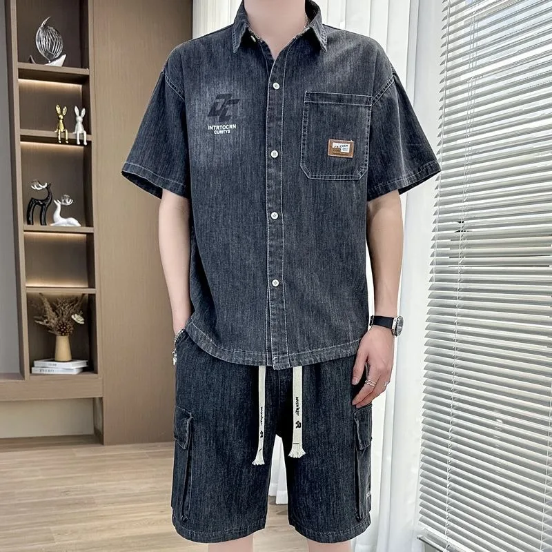 Fashion Wear Shirt Cargo Shorts High Appearance Level Men's Summer Thin Short-sleeved Shirt Loose Shorts Two-piece   Denim Suit