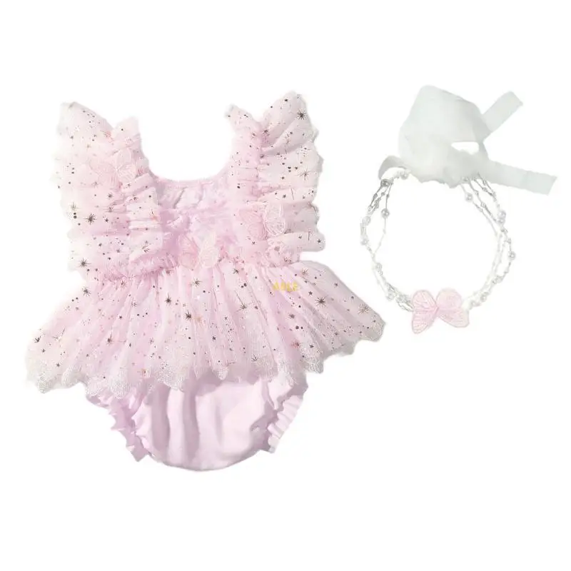 Photogenic Lace Butterfly Bodysuit Headband for Infant Photography Breathable Polyester Newborns Photoshoots Outfit