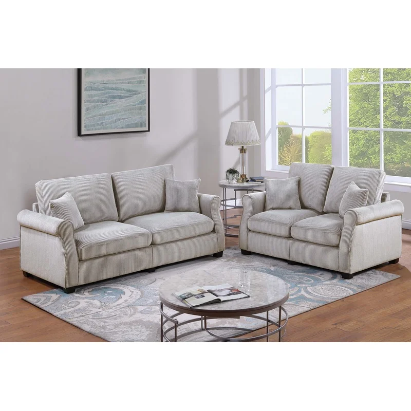 

Contemporary 2-Piece Sofa Set with Corduroy Upholstered Back, Wooden Legs, Ivory Finish, Includes Matching Pillow