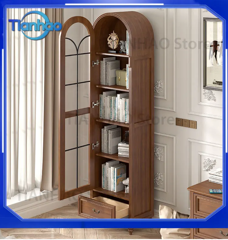 Pure Solid Wood American Rustic Retro Bookcase for Small Apartment European Living Room TV Side Display Cabinet 50x80cm