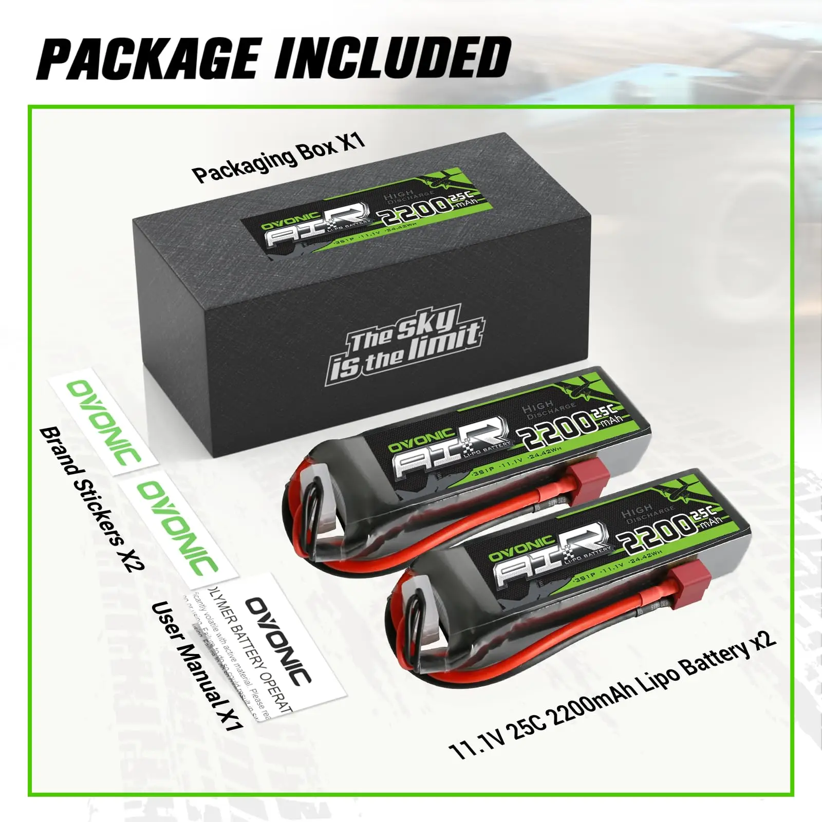 بطارية ليبو OVONIC 3S 25C 2200mAh 11.1V مع قابس T لطائرة هليكوبتر RC كوادكوبتر RC قارب شاحنة سيارة (عبوتان)