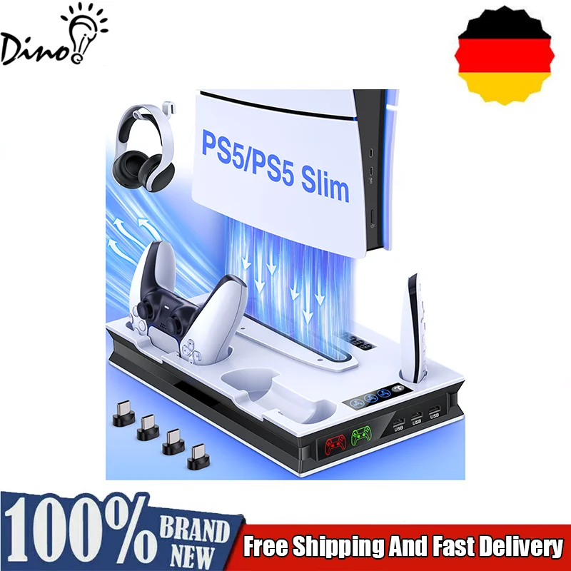 DinoFire S5000 3-Gang-Lüfter, 3-Port-USB-Hub, Headset-Halterung und Spielerspeicher, kompatibel mit PS5-Disc und digitalen Konsolen