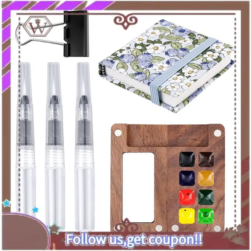 ABBG-Mini Paint Palette Set, 8-Grid Travel Paint Palette With Watercolor Notebook Painting Pen Clip For Watercolor Gouache