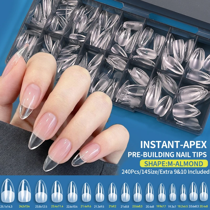 240pcs Nail Tips Full Cover False Nail 14 Sizes Half Matte Acrylic Nails Almond Shaped Press On Nail Tips DIY Nail Salon Use