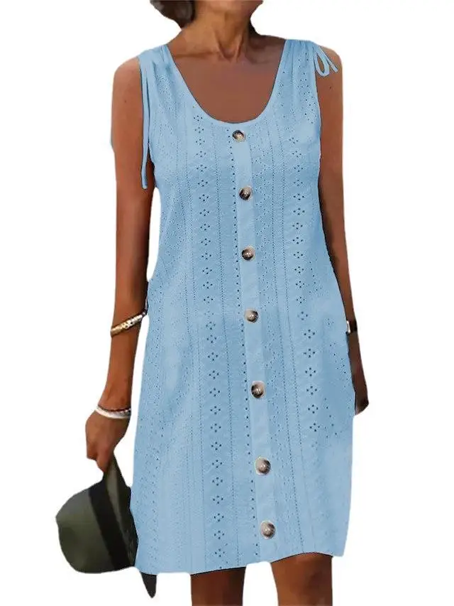 حار بيع الصيف المرأة سترة تنورة U الرقبة الرباط حزام الكتف زر جوفاء بسيطة موضة الشارع عطلة تنورة صغيرة