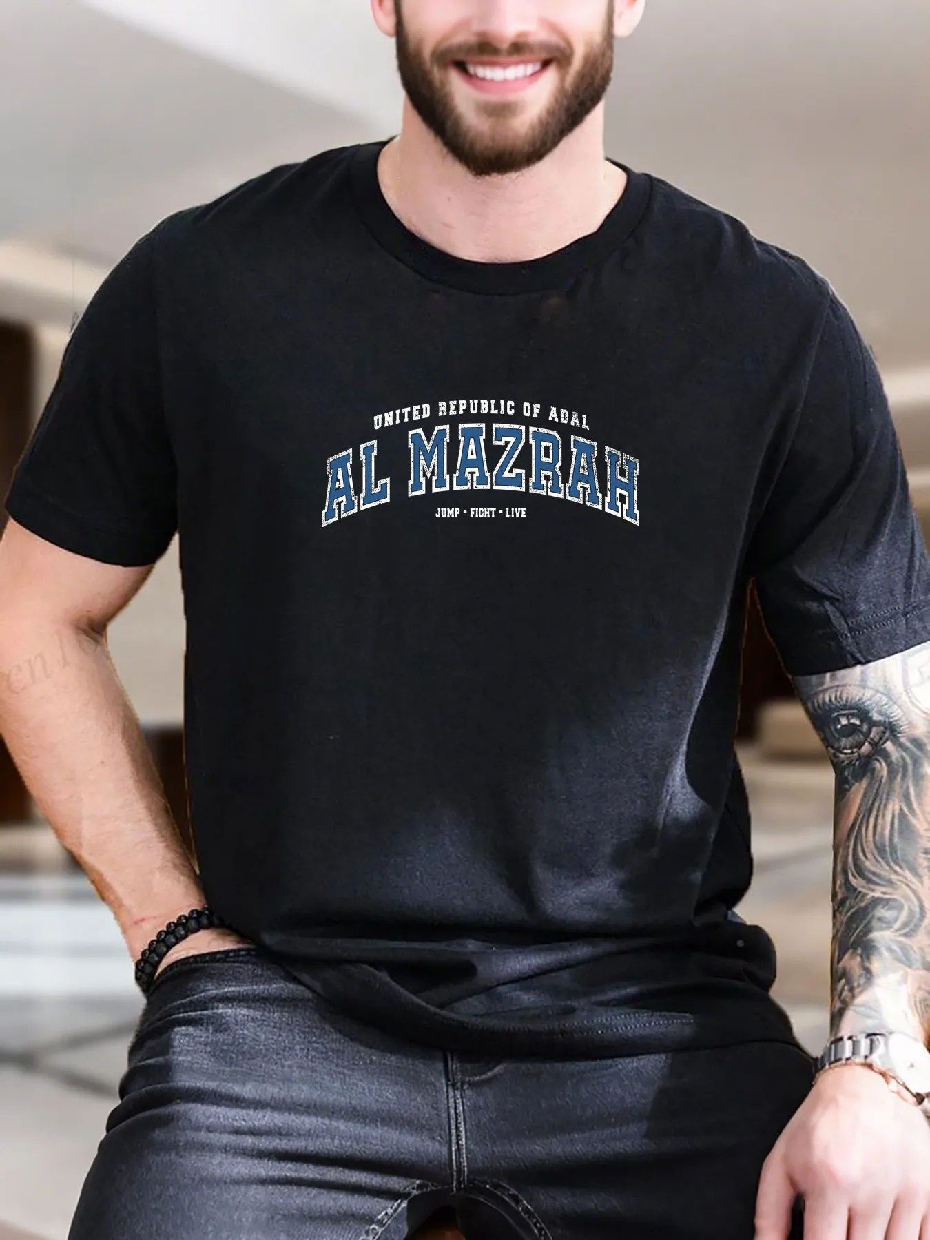 

Men's Printed Short Sleeve T-Shirt - Blue & White Logo Cotton Comfortable Breathable, Trendy Casual Versatile Style for Daily Wear