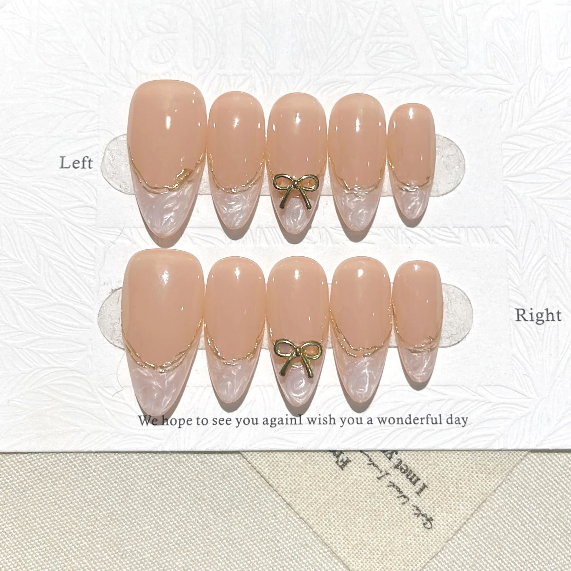10PCS Original Handcrafted Nude Almond Press On Nails, Gold Bow Marble French Artificial False Nails